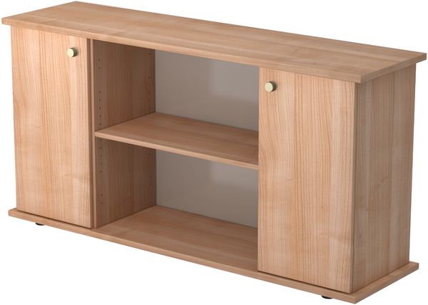 bümö Sideboard Nussbaum mit Flügeltüren & Regal - Büromöbel Sideboard Holz 166cm breit, 45cm schmal, Büro Schrank für Flur oder als Wohnzimmer-Kommode mit Streifengriff, SB2T-N-N-SG