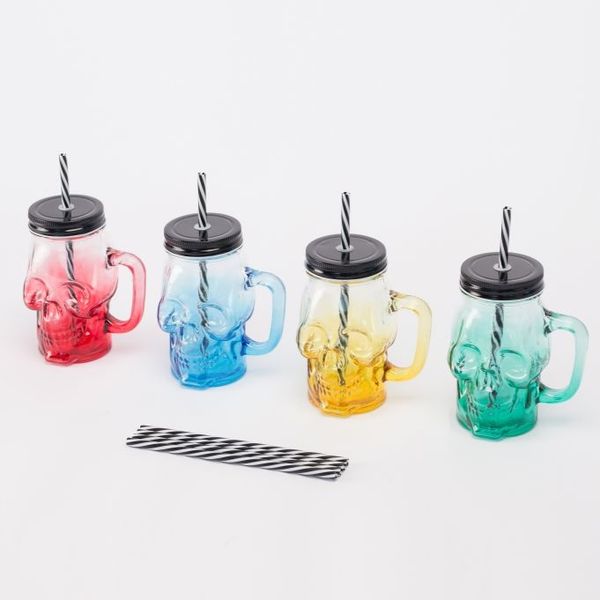 Relaxdays Trinkgläser mit Deckel 4er Set Totenkopf