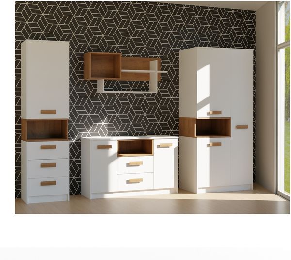 Marmex Möbel Grant Set-C Jugendzimmer Komplett-Set 4-teilig mit Kleiderschrank, Kommode, Wandregal, geschlossenes Regal, Kinderzimmermöbel, laminierte Spanplatte, weiß+riviera Eiche, 262,5x195x55 cm