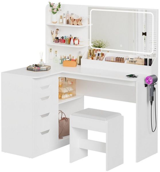 Furnicopia Schminktisch Dreifarbige LED-Beleuchtung mit Stuhl, Helligkeit einstellbar (Extra groß: 120 × 80 × 136 cm, ausgestattet mit 2 Steckdosen + 1 USB-Anschluss + 1 Typ-C-Anschluss, Föhnhalterung, 8 Ablagefächern + 5 Schubladen-ostern geschenke)