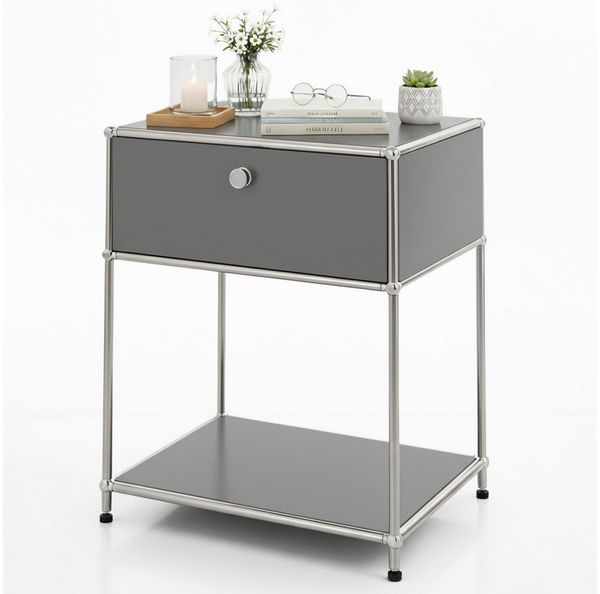 Floordirekt Beistelltisch Concept Epure MK-139, B50 × T40 × H65 cm, verschließbare Schublade (modular, kratzfeste Pulverbeschichtung), Beistellregal mit verchromtem Metallgestell, höhenverstellbare Füße