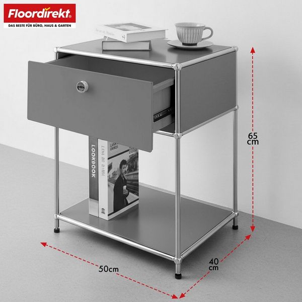 Floordirekt Beistelltisch Concept Epure MK-139, B50 × T40 × H65 cm, verschließbare Schublade (modular, kratzfeste Pulverbeschichtung), Beistellregal mit verchromtem Metallgestell, höhenverstellbare Füße