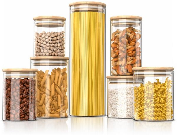 Arendo Aufbewahrungsbecher Glasbehälter-Set 0,56 bis 2,35L Borosilikat rund mit Bambusdeckel, Borosilikatglas, Bambus, Silikon, (Vorratsbehälter-Set, 7-tlg, 7er Set), Hitzebeständig, luftdicht, mikrowellengeeignet und spülmaschinenfest