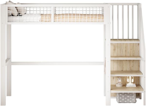 Hochbett 90x200 cm Metallbett in Weiß mit Sicherheitsleiter, Rundum-Rausfallschutz und Kleiderschrank, ohne Matratze Bild 4