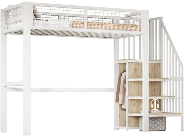 Hochbett 90x200 cm Metallbett in Weiß mit Sicherheitsleiter, Rundum-Rausfallschutz und Kleiderschrank, ohne Matratze Bild 6