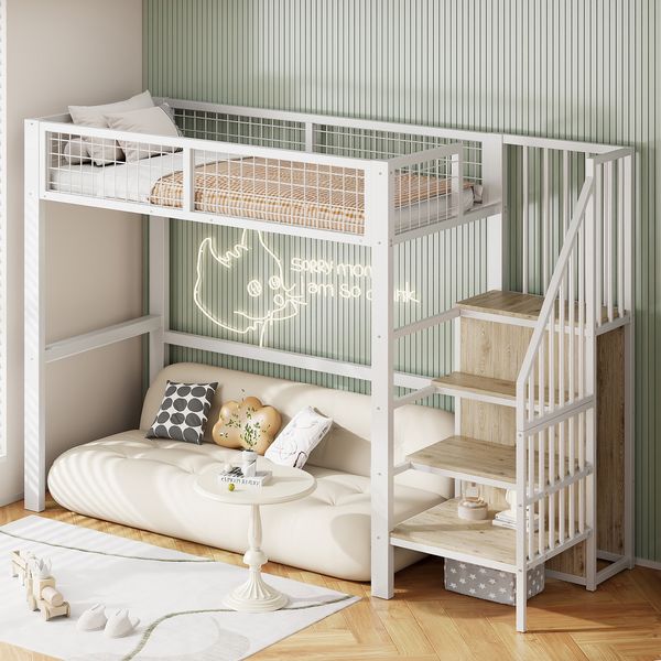 Hochbett 90x200 cm Metallbett in Weiß mit Sicherheitsleiter, Rundum-Rausfallschutz und Kleiderschrank, ohne Matratze