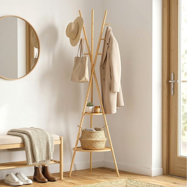 HOMCOM Garderobenständer freistehender Kleiderständer, (Set, 1 St, 1), aus Bambus, 2 Ablagefächer