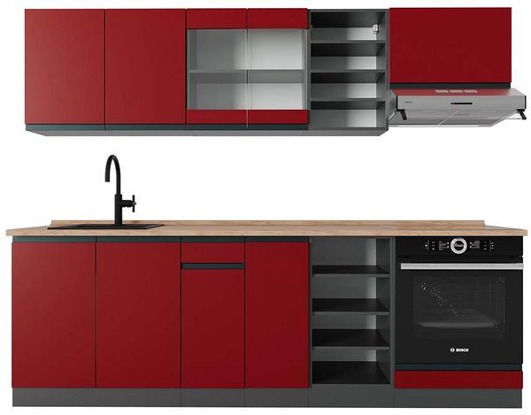 Küchenzeile R-Line Rot/Anthrazit 240 cm J-Shape, AP Eiche Vicco