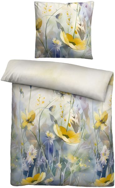 biberna Satin Bettwäsche 0616322 WILDBLUMEN, perlmutt, 1x 155x220 cm + 1x 80x80 cm