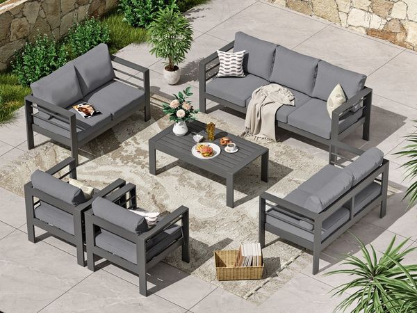 MeXo Gartenlounge-Set XXL Gartenmöbel Set Aluminium Outdoor, (Set, 6-tlg, 1×3-Sitzer Sofa, 2×2-Sitzer Sofa, 2×Sessel, 1×Tisch, 18×Auflagen), wetterfest Loungeset für 8-10 Personen, Flexible Kombination