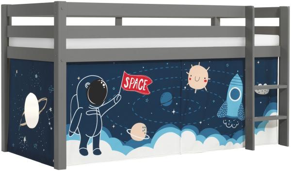 Vipack 'Pino' Halbhochbett 90x200 cm, grau, Kiefer massiv, mit Textilset 'Space Shuttle'
