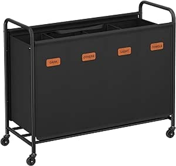 SONGMICS Wäschekorb mit Rollen, Wäschesammler 4 Fächer, 200 L Wäschesortierer, beweglicher Wäschewagen, 5 Etiketten, für Waschküche, Schlafzimmer, Badezimmer, tintenschwarz