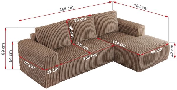 Ecksofa mit Schlaffunktion, Bettkasten und losen Kissen für das Wohnzimmer - TRENTINO - Braun Cord - rechts Bild 7