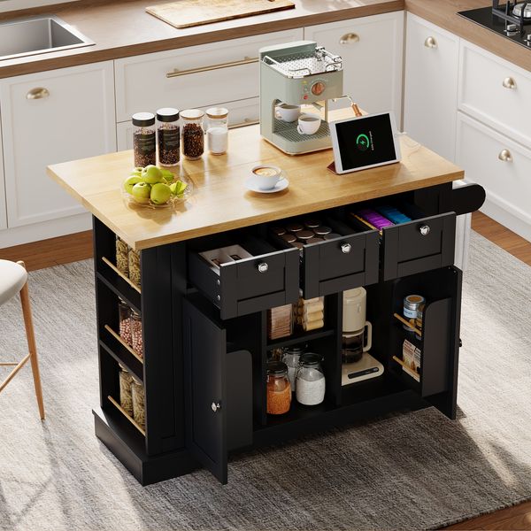 132cm Mobiler Küchentisch, Landhausstil, klappbare Arbeitsplatte, Multifunktionsschrank, Schublade, Gewürzregal, Handtuchhalter, 4 Rollen, integrierte Steckdose, Küche/Essen/Haus