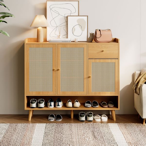 Schuhschrank mit 3 Türen, 1 Schublade & 5 Ablagen, 120 x 35 x 106 cm, Natur