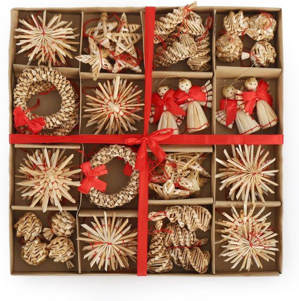SALCAR 56-teiliges WeihnachtsbaumSchmuck aus Stroh, Strohsterne Set, Natürlicher Stroh Anhänger für Weihnachtsdekoration, handgemachter natürlicher Schmuck für Christbäume