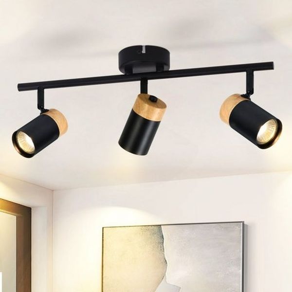 ZMH Deckenleuchte 3 Flammig Schwarz Deckenstrahler - Deckenlampe Holz LED GU10 Deckenlampe Drehbar 330° für Wohnzimmer Schlafzimmer Küche Kinderzimmer Ohne Leuchtmittel