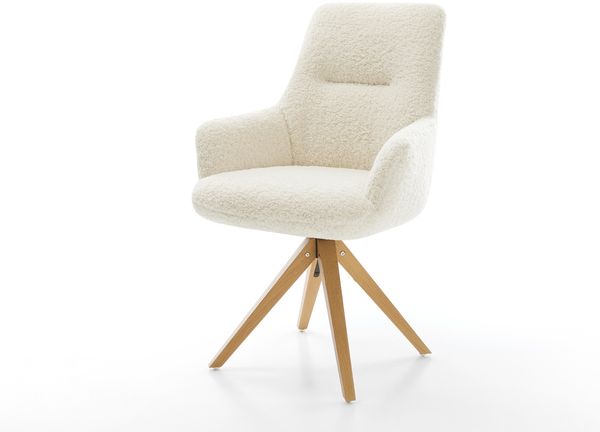 Drehstuhl Zelia-Flex mit Armlehnen Teddystoff Beige Holzgestell kantig Natur 180° drehbar Taschenfederkern