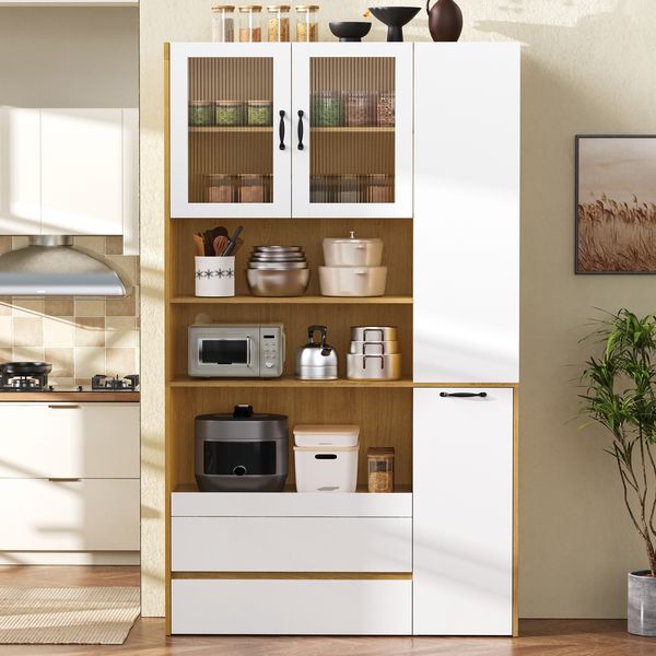 Highboard mit verstellbaren Regalböden und Schubladen, Buffetschrank mit ausziehbaren Regalböden und Riffelglas , Ideal für Esszimmer, Wohnzimmer und Küche (Weiß+Natur)