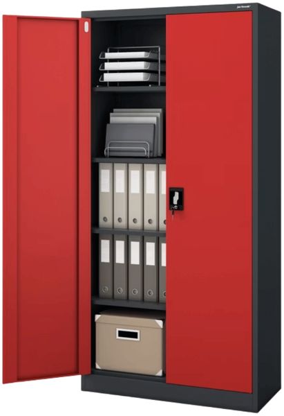 Aktenschrank abschließbar JAN - 5 Ebenen verstellbar, Flügeltüren | Metallschrank Werkstatt Mehrzweckschrank Büroschrank aus Stahl Werkzeugschrank, 185x90x40cm Anthrazit-Rot