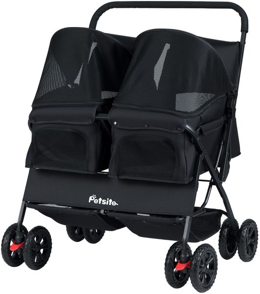 Doppel Hundebuggy mit 2-Sitzer-Tragetasche & Verstellbarem Sonnenschutz Katzenwagen Schwarz