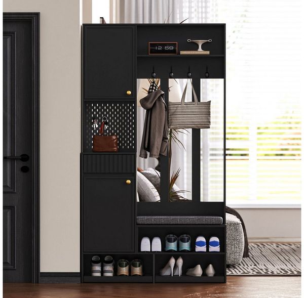OKWISH Garderoben-Set für Ihren Eingangsbereich, (Multifunktionales Garderobenset 100×180×35 cm – Flurgarderobe mit Sitzbank, 4 Haken, Schubladen & Kippschutz für Eingangsbereich, Flur und Zuhause, 1-St, 4 Haken, Türen & Schubladen)