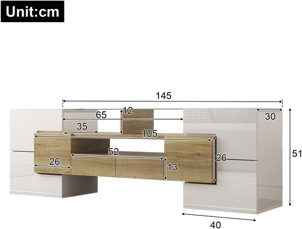 TV-Schrank 145 x 30 x 51 cm aus MDF, Hochglanz Weiß/Goldoptik, mit LED & Schubladen Bild 4