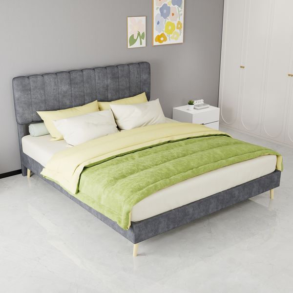 Polsterbett 160×200 cm mit weichem Kopfteil, modernem Design und niedrigem Rahmen, Grau