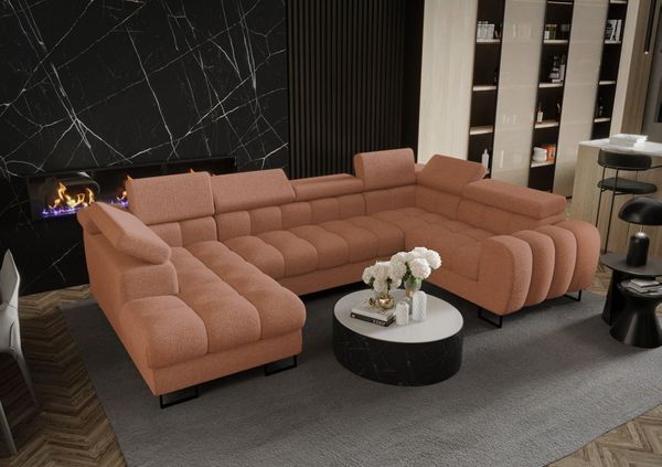 Wohnlandschaft Schlafsofa BASTIEN in Stoff Aragon Orange Ottomane Links