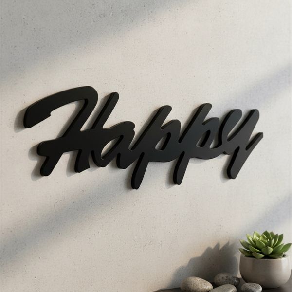Dekoschild Happy in Schwarz MDF Holz Schild Aufhängen Holzschrift Wanddeko MDF Holz Deko Schriftzug Buchstaben Holzbuchstaben Monogramm Tischdeko 3D