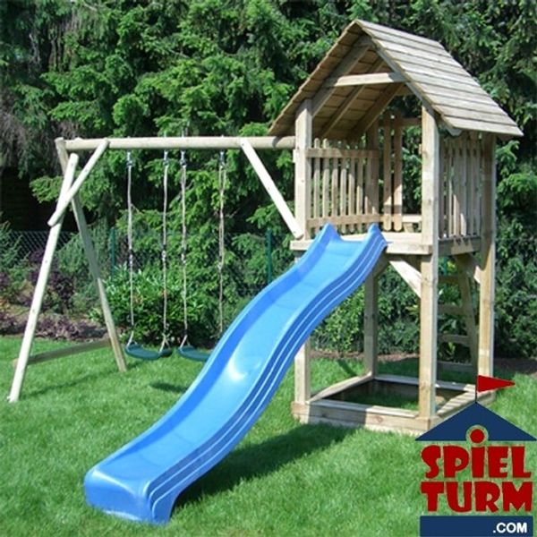 Spielturm Paul - Holzfarben – Rutsche: Pink – 2 Schaukelsitze: Himmelblau – mit Sandkasten – Maße: 380 x 360 x 310 cm - Material: Kiefernholz