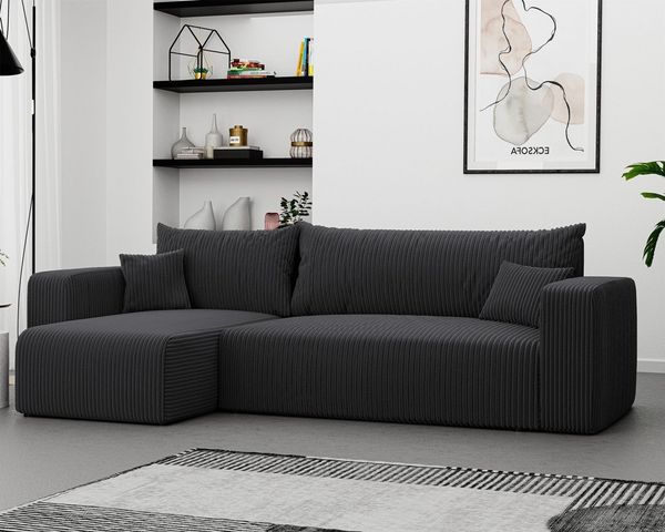 Ecksofa mit Schlaffunktion Sofa LUNA Stoff Poso Dunkelgrau Ottomane Links