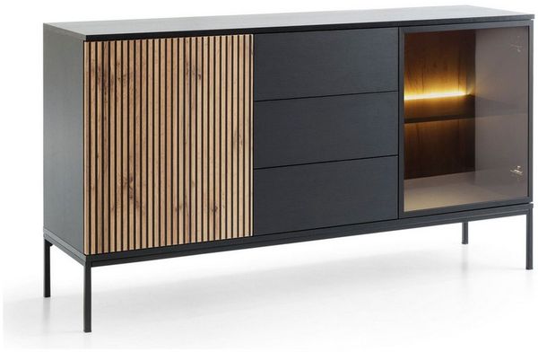 Selsey Sideboard TOSENA, Sideboard mit LED, Glastür & Metallfüßen Schwarz/Eiche oder Greige