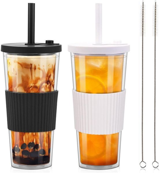 ZgoEC 24oz Bubble Tea Becher Doppelwandig Isoliert mit Strohhalm und Deckel
