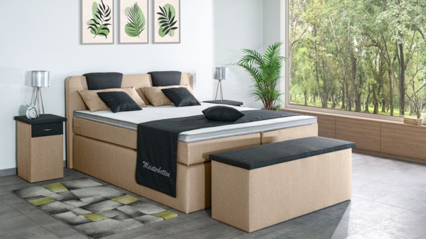 Meisterbetten Boxspringbett Iris 140x220 in WT-Beige in WT-Dunkel Grau, Matratzenbezug Nano, Komfortschaum-Topper