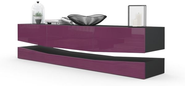 Vladon Lowboard City, TV-Kommode mit Sockelelement, 1 offenem Fach und 3 Schubkästen, Schwarz matt/Brombeer Hochglanz (178 x variabel x 39 cm)