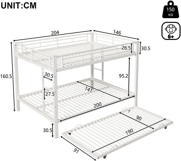 Etagenbett Liegefläche 140x200 cm aus Metall mit Ausziehbett, hohen Geländern und modernem Design, Weiß Bild 5