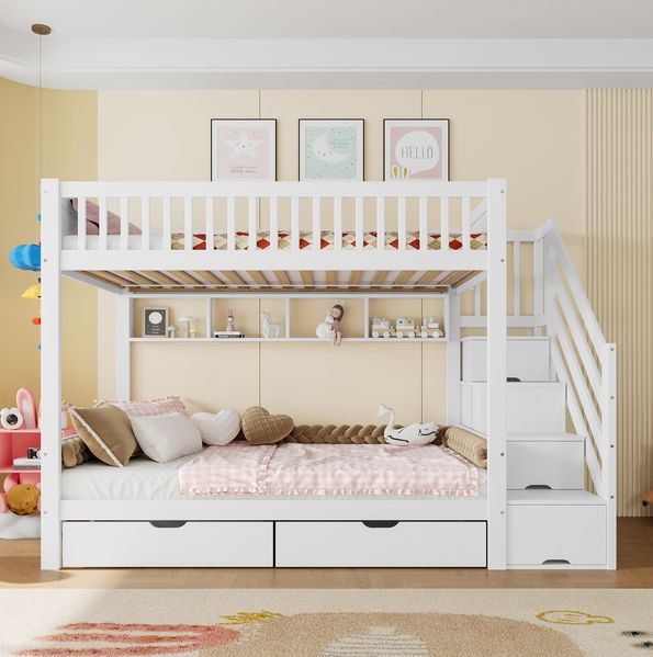 Bett 90x200 cm mit Stauraum und Kleiderschrank – Etagenbett in Weiß mit Aufbewahrungstreppe