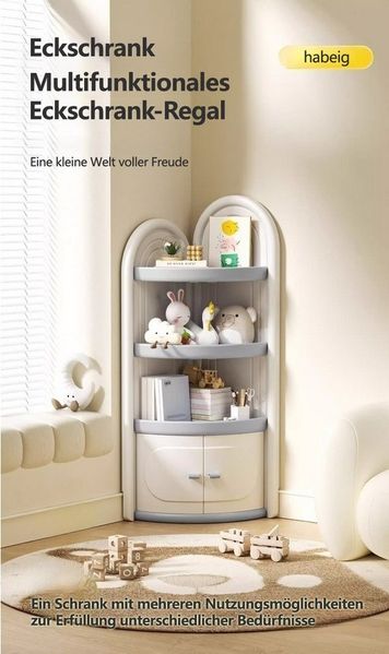 habeig Kinderregal Eckschrank für Kinderzimmer, Weiß-Grau, 138cm Höhe, Türen, abgerundete Kanten, Aussparung für Fussbodenleiste