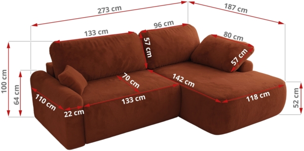 Ecksofa, L-förmiges, lose Kissen, DL-Schlaffunktion, (H 100 x T 187 x B 273 cm) - CUBO L - Plüsch Orange - rechte Seite Bild 6