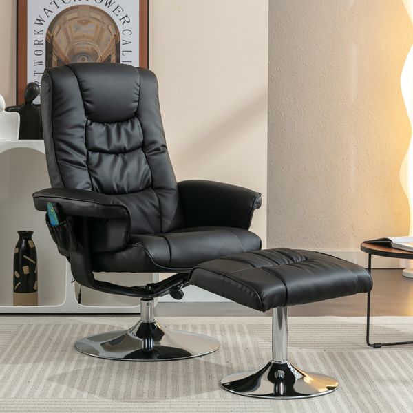 Flieks 5-Punkt-Massagesessel mit Ottomane – 360° drehbarer & Relaxsessel in PU-Leder, Schwarz