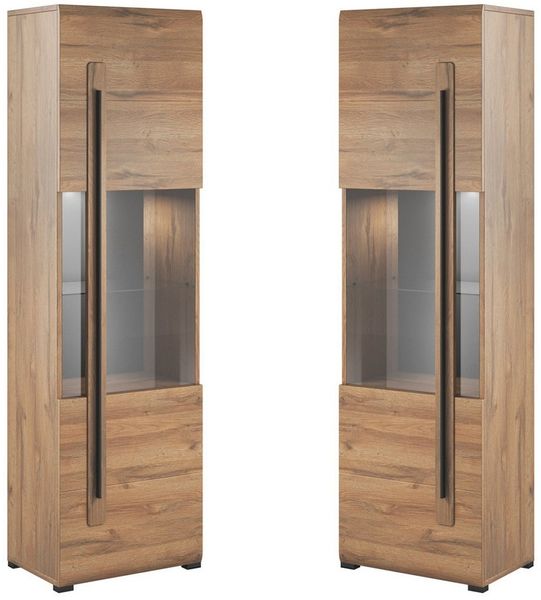 Lomadox Wohnzimmer-Set TURDA-83, (Mega-Spar-Set, 4-St, Couchtisch Highboard Lowboard Sideboard Vitrine Wandregal), Eiche Dekor braun Metallgriffe in schwarz modern inkl. LED Beleuchtung