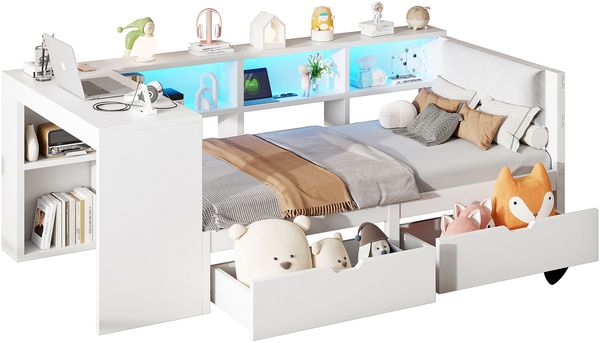 90x200 Holz-Plattformbett mit Ablageflächen, Schubladen, Ladestation und gepolstertem Kopfteil, Mit bunten LED-Leuchten, Weiß