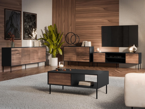 Wohnzimmer-Set Cuird II 2x Kommode TV-Lowboard Couchtisch (Farbe: Schwarz / Nuss Warmia)