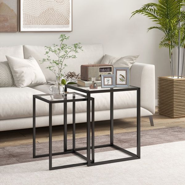 2er-Set Beistelltische, stapelbar, 42 x 42 x 51 cm / 33 x 33 x 45,5 cm, gehärtetes Glas, Stahlgestell