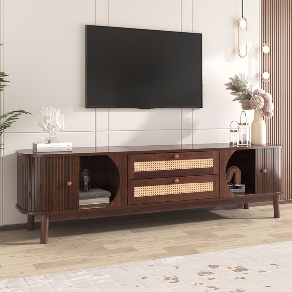TV-Schrank aus massivem Holz mit Rattanoberfläche – 170 x 46 x 39,5 cm – Natürlicher Charme für Ihr Wohnzimmer, 170x39.5x46cm, Naturholz