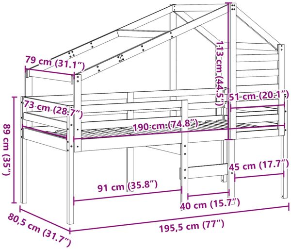 vidaXL Hochbett mit Dach Weiß 75x190 cm Massivholz Kiefer 3281984 Bild 12