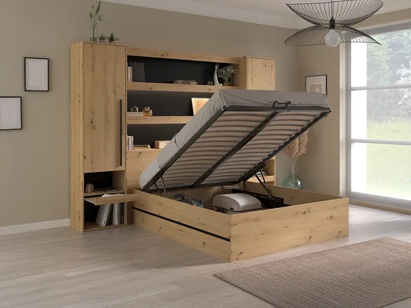 Vente-unique - LUDARO Bett Holz, Platte SchwarzBeige - B 199,8 cm x H 202,8 cm x L 269,7 cm