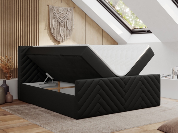 Boxspringbett mit zwei Bettkästen, 7 Härtezonen Multipocket-Matratzen, dekoratives Kopfteil und Front, Doppelbett - PARIS DUO - 200 x 200 cm - Schwarz Kunstleder - H3 Bild 3