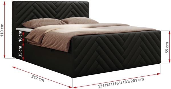 Boxspringbett mit zwei Bettkästen, 7 Härtezonen Multipocket-Matratzen, dekoratives Kopfteil und Front, Doppelbett - PARIS DUO - 200 x 200 cm - Schwarz Kunstleder - H3 Bild 5
